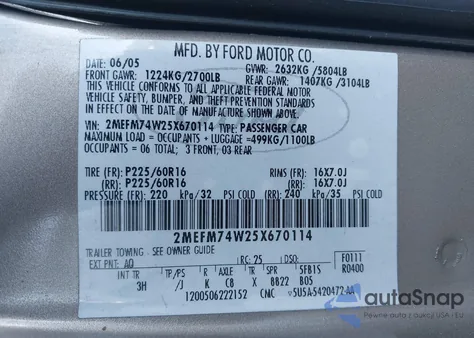 2005 Mercury Grand Marquis Gs from USA, damaged, VIN 2MEFM74W25X670114